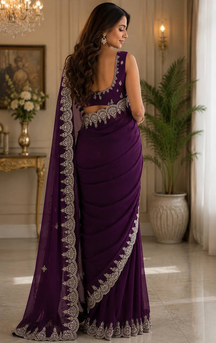 purple embroidered party wear shimmer chiffon saree with silver scalloped border for women