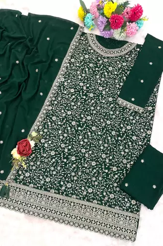 Green blooming georgette suit with heavy embroidery & sequin work