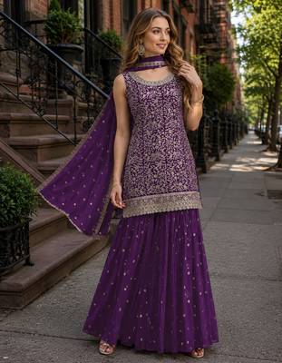 Purple blooming georgette suit with heavy embroidery & sequin work 1