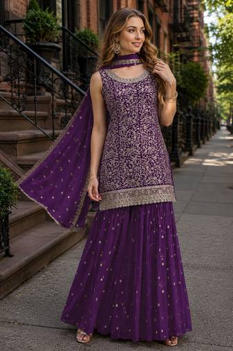Purple blooming georgette suit with heavy embroidery & sequin work