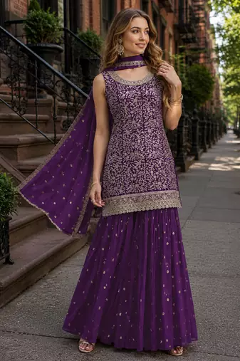 Purple blooming georgette suit with heavy embroidery & sequin work