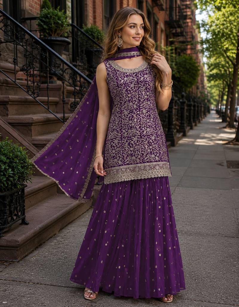 Purple blooming georgette suit with heavy embroidery & sequin work