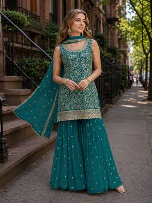 Teal green blooming georgette suit with heavy embroidery & sequin work 1