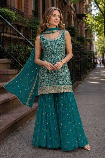 Teal green blooming georgette suit with heavy embroidery & sequin work