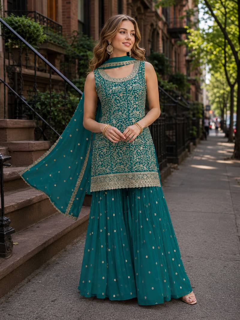 Teal green blooming georgette suit with heavy embroidery & sequin work
