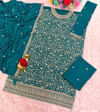 Teal green blooming georgette suit with heavy embroidery & sequin work 2