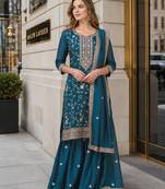 Teal vichitra suit with heavy embroidery work