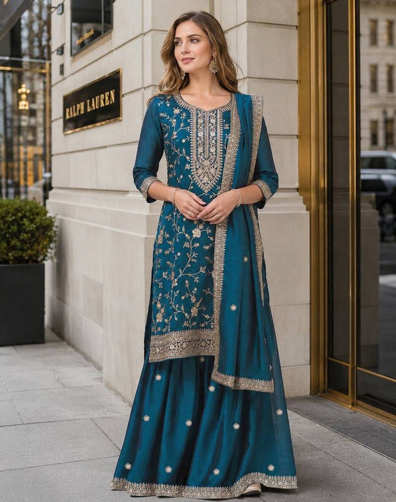 Teal vichitra suit with heavy embroidery work