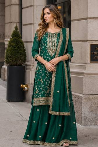 Dark green vichitra suit with heavy embroidery work