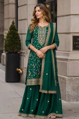 Dark green vichitra suit with heavy embroidery work
