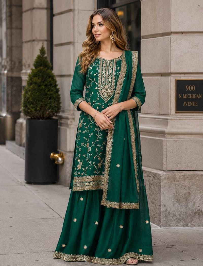 Dark green vichitra suit with heavy embroidery work