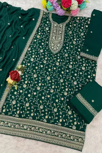 Dark green vichitra suit with heavy embroidery work