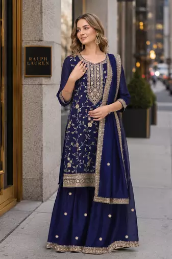 Navy vichitra suit with heavy embroidery work