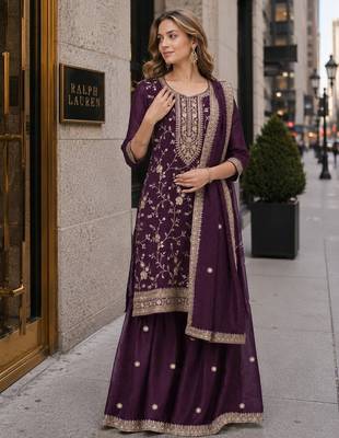 Wine vichitra suit with heavy embroidery work 1