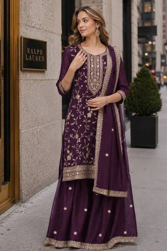 Wine vichitra suit with heavy embroidery work