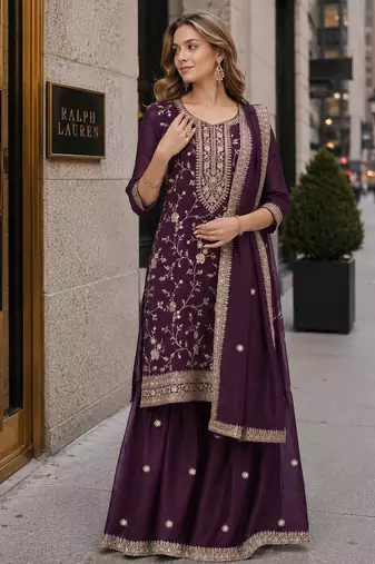 Wine vichitra suit with heavy embroidery work