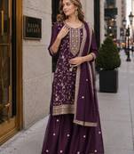Wine vichitra suit with heavy embroidery work