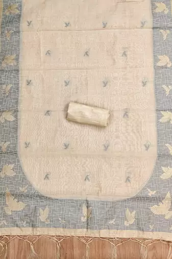 Cream jamdani silk blend dress material