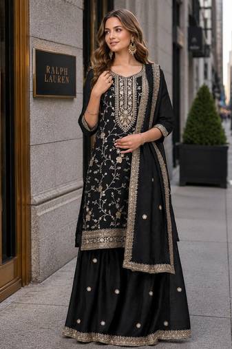 Black vichitra suit with heavy embroidery work