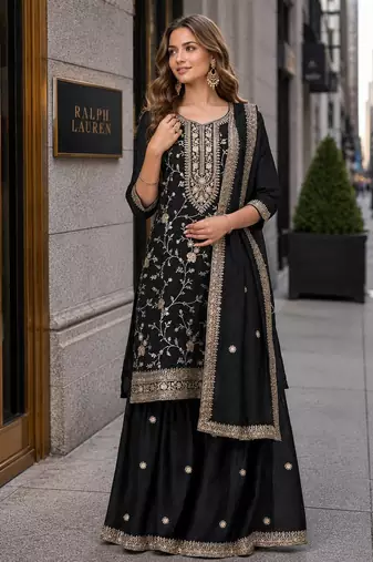 Black vichitra suit with heavy embroidery work