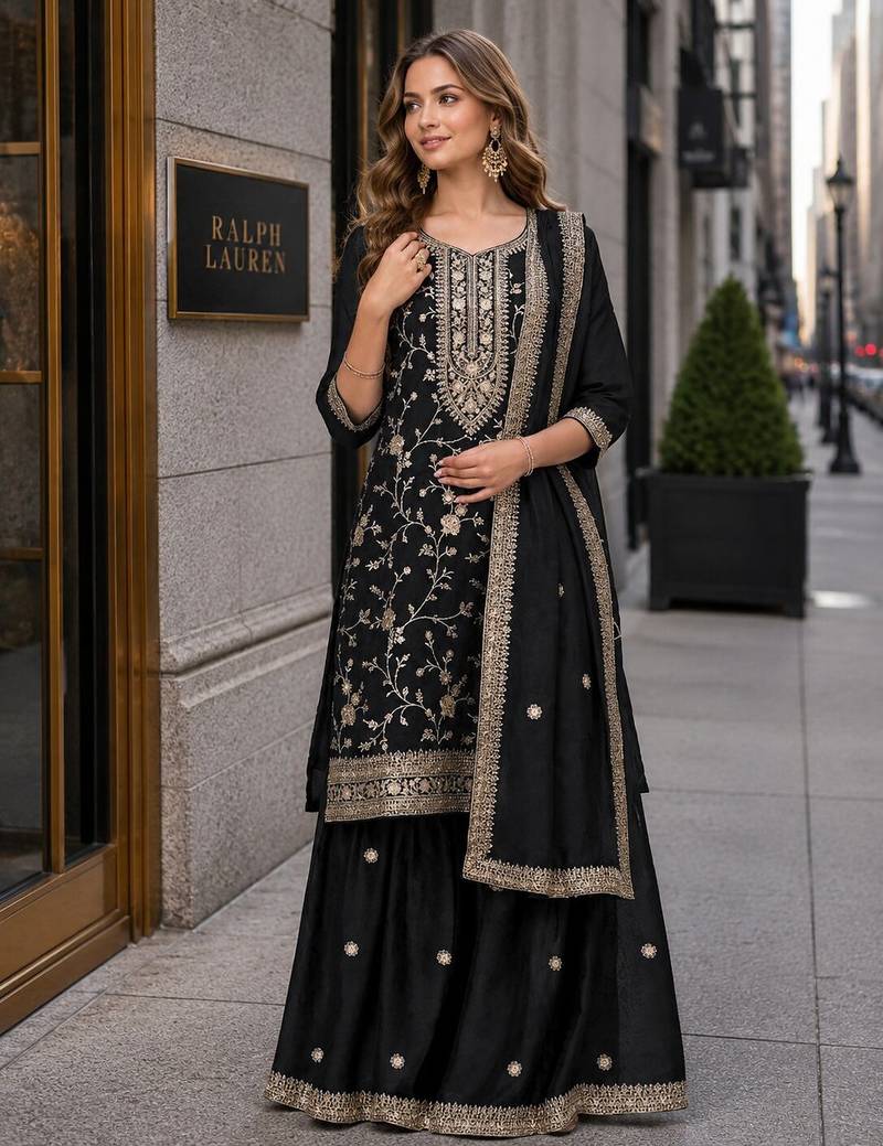 Black vichitra suit with heavy embroidery work