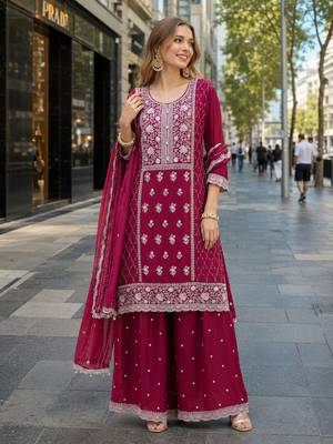 Maroon faux georgette suit with embroidery sequin work 1