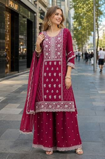 Maroon faux georgette suit with embroidery sequin work