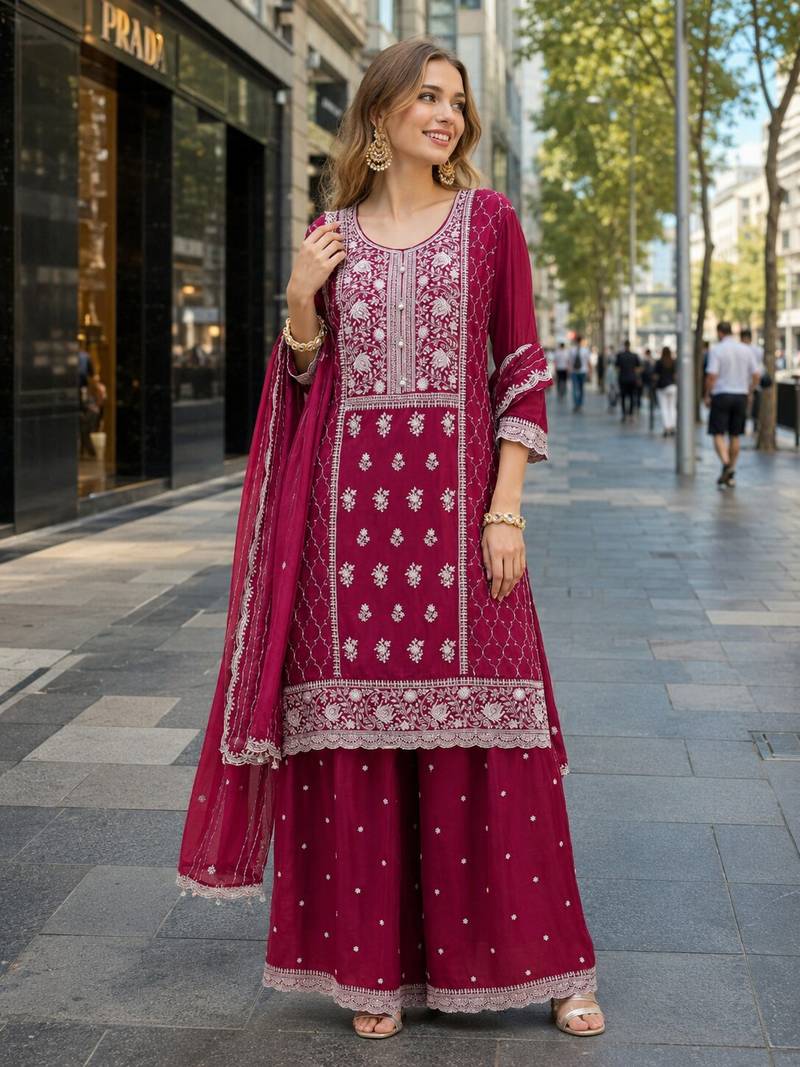 Maroon faux georgette suit with embroidery sequin work