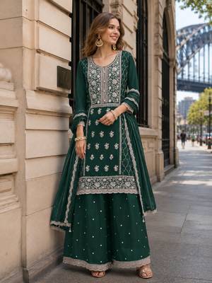 Teal blue faux georgette suit with embroidery sequin work 1