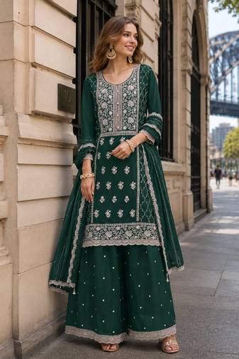 Teal blue faux georgette suit with embroidery sequin work