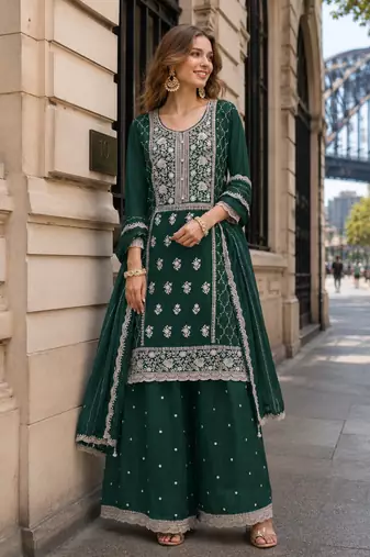 Teal blue faux georgette suit with embroidery sequin work