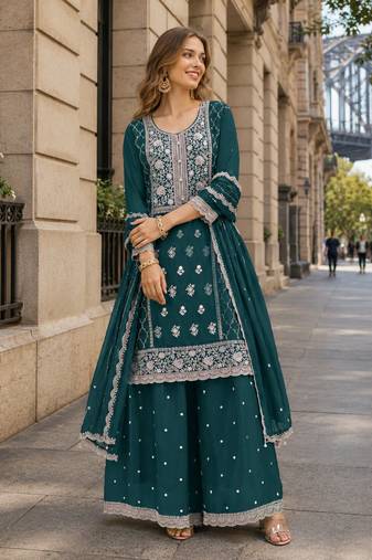 Navy blue faux georgette suit with embroidery sequin work