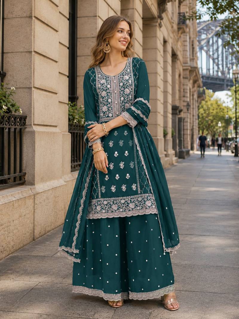 Navy blue faux georgette suit with embroidery sequin work