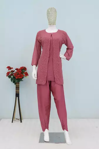 Pink faux georgette readymade 2 piece set with embroidery work