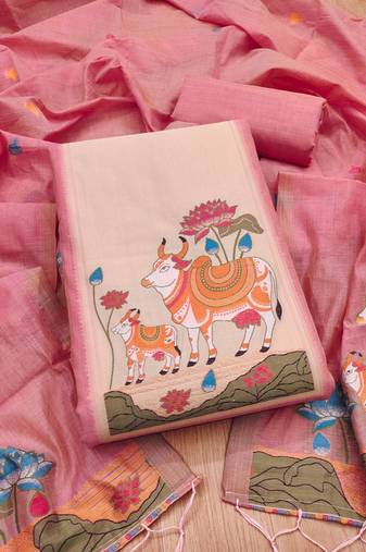 Pink jamdani silk blend dress material