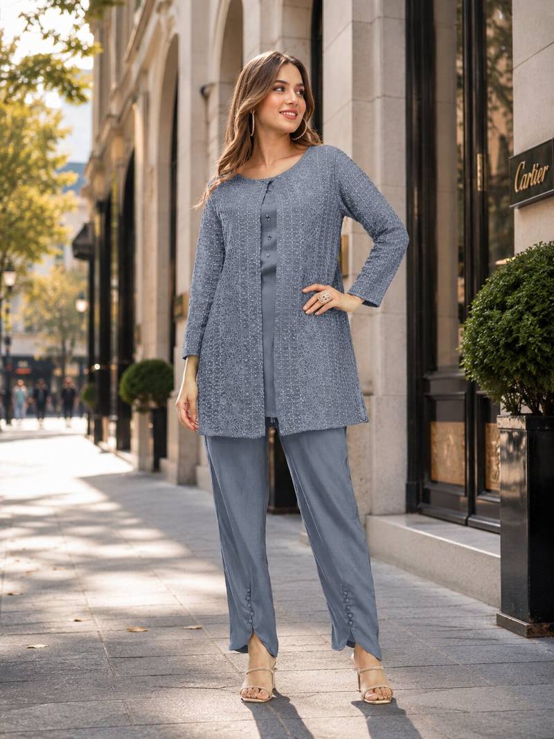 Grey faux georgette readymade 2 piece set with embroidery work