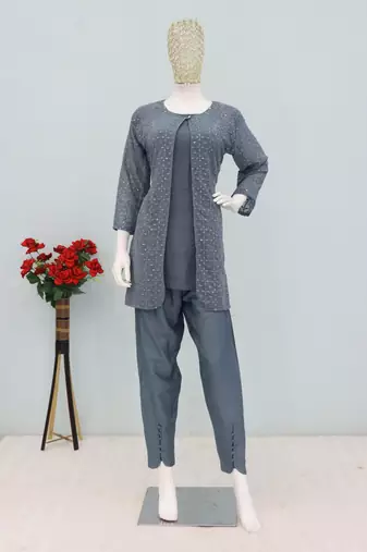 Grey faux georgette readymade 2 piece set with embroidery work