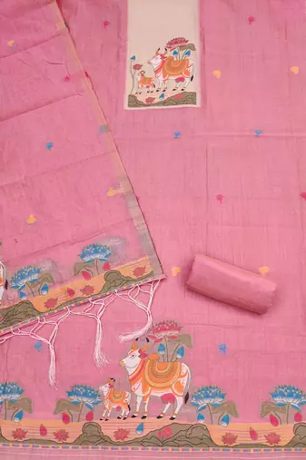 Pink jamdani silk blend dress material