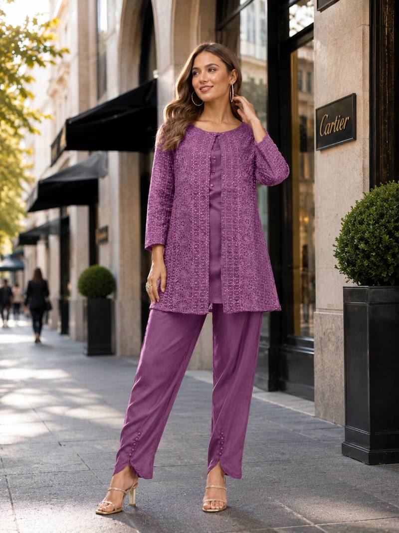 Purple faux georgette readymade 2 piece set with embroidery work