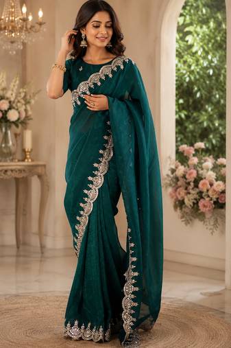 teal green embroidered party wear shimmer chiffon saree with silver scalloped border for women