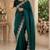 teal green embroidered party wear shimmer chiffon saree with silver scalloped border for women