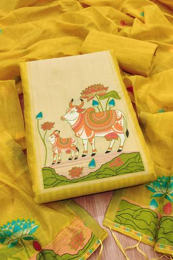 Yellow jamdani silk blend dress material