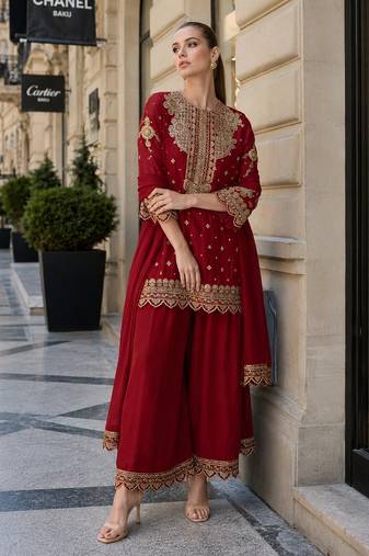 Red georgette suit with embroidery & sequin work