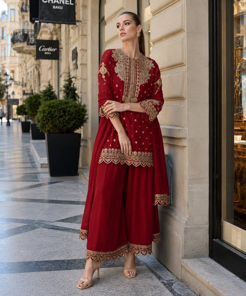 Red georgette suit with embroidery & sequin work