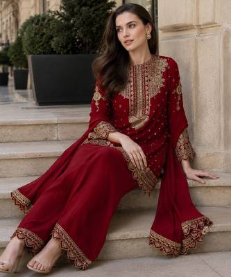 Red georgette suit with embroidery & sequin work 2