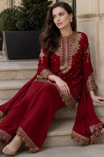Red georgette suit with embroidery & sequin work