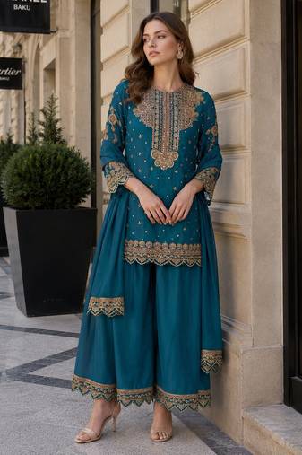 Teal blue georgette suit with embroidery & sequin work