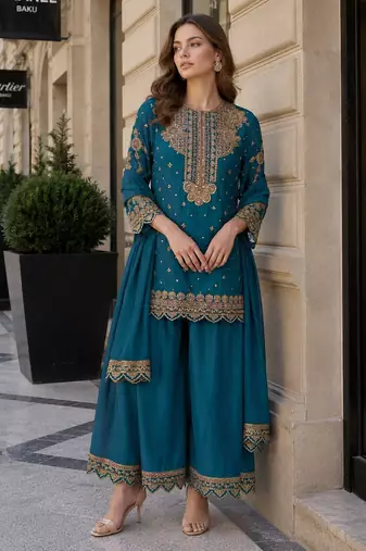 Teal blue georgette suit with embroidery & sequin work