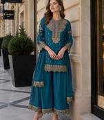 Teal blue georgette suit with embroidery & sequin work