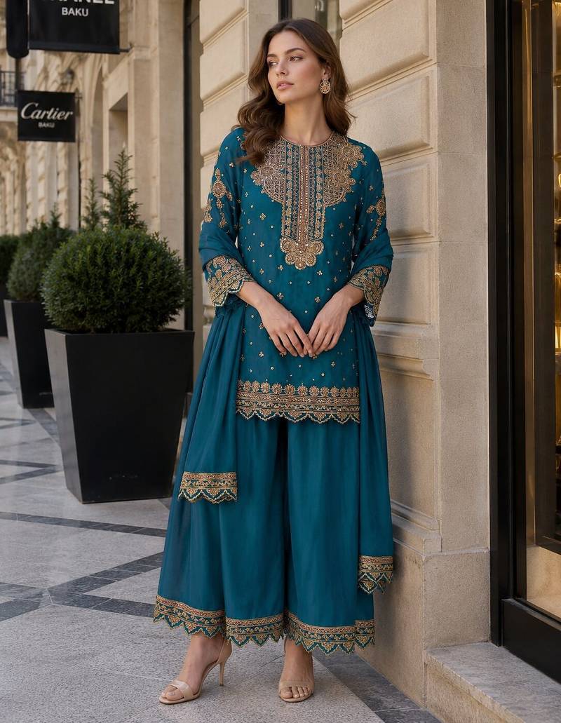 Teal blue georgette suit with embroidery & sequin work